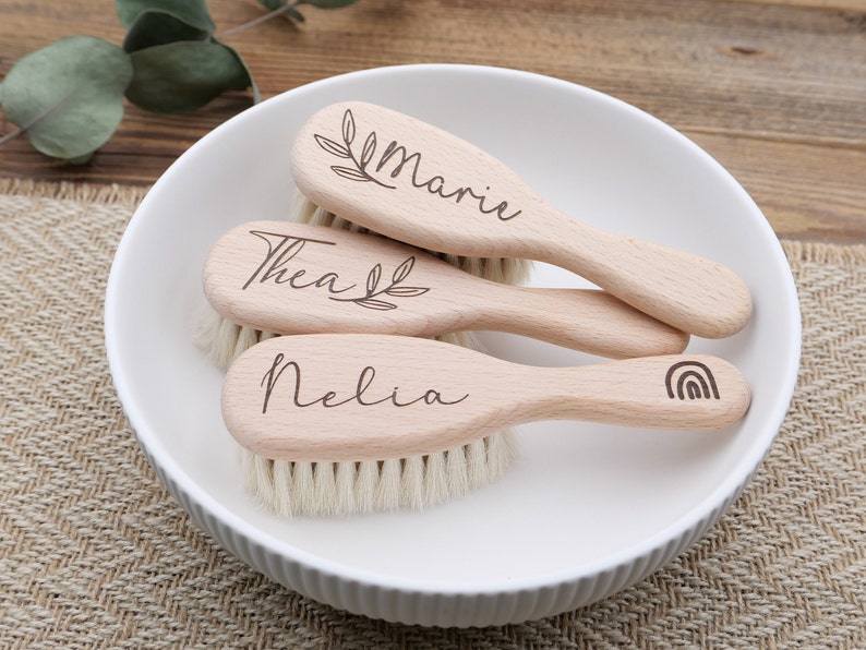 personalized baby hairbrush gift for babies for birth and baptism gift name engraving wooden baby brush image 1