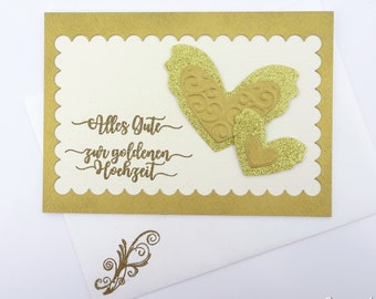 Golden Wedding Greeting Card - with glittering, embossed hearts and ornate envelope