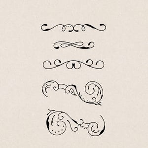 May include: Five black decorative flourishes on a beige background. The designs vary in style, including swirls, dots, and symmetrical patterns. These elements are suitable for various design projects, such as invitations or scrapbooking.