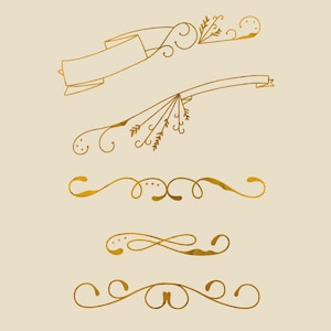 May include: Gold-colored decorative design elements on a cream background. The image features various ornate flourishes, ribbons, and decorative lines. The designs are in a hand-drawn style, suitable for invitations or scrapbooking.