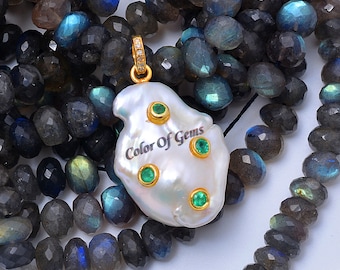 Emerald Baroque Pearl Diamond Silver Pendant ,Emerald Pendant,Pave Diamond Pendant,Baroque Pearl Pendant,Baroque Pearl Diamond Pendant