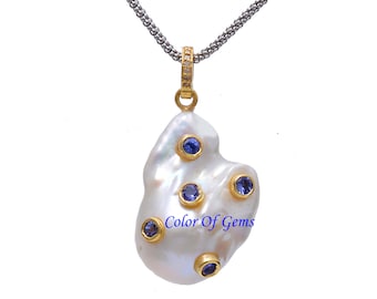 925 Sterling Silver Diamond Tanzanite Baroque Pearl Pendant ,Baroque Pearl Pendant ,Tanzanite Pendant,Pave Diamond Pendant,Tanzanite,Peral