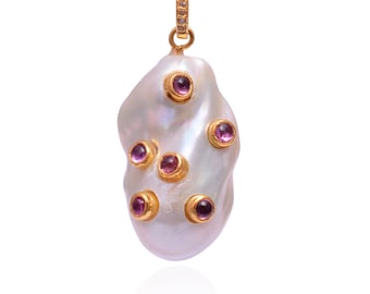 Pink Tourmaline Baroque Pearl Pendant,Baroque Pearl Pendant,Tourmaline Pendant,Pave Diamond Pendant,Pearl Pendant,Diamond Pendant,Tourmaline