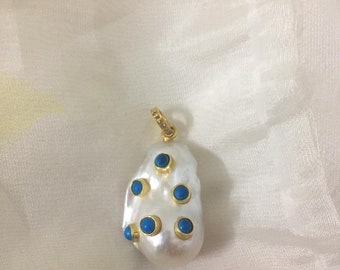Turquoise Baroque Pearl Diamond Silver Pendant Jewelry,Turquoise Pendant,Diamond Pendant,Baroque Pearl Diamond Pendant,Turquoise