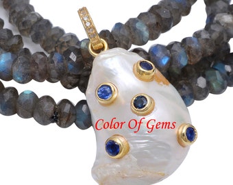 925 Sterling Silver Diamond Blue Sapphire Baroque Pearl Pendant ,Baroque Pearl Pendant ,Sapphire Pendant,Pave Diamond Pendant, Blue Sapphire