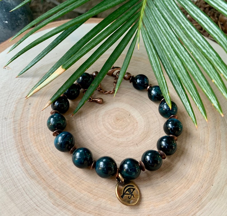 Egyptian Revival Eye of Horus Pendant Charm Stackable Beaded Tiger Eye Bracelet