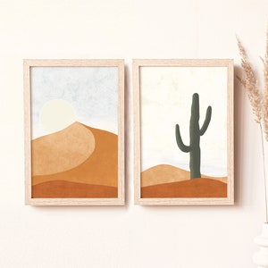 Set of 2 boho desert and cactus prints in earthy colors, burnt orange warm colors desert painting, indie room decor download japandi decor