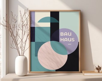 Bauhaus wall art print, bauhaus poster print to download, bauhaus exhibition poster Gallery wall print teal purple abstract retro wall decor