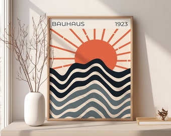 Bauhaus wall art print, bauhaus poster print to download, bauhaus exhibition poster Gallery wall navy blue coral abstract retro wall decor