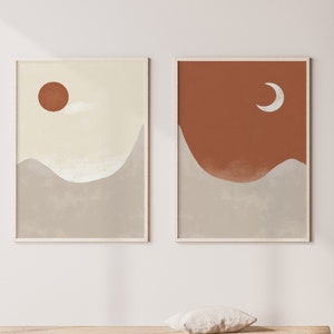 Terracotta day and night printable art terracotta wall art boho set of two abstract landscape print, sun and moon japandi 2 pieces art print