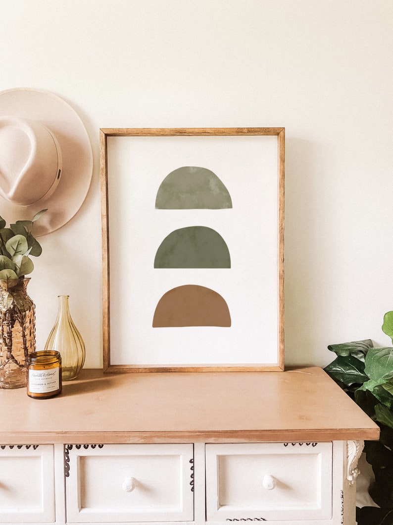 Geometric shapes art, abstract sage green print earth tone wall art, large wall art, boho abstract art mid century modern simple artwork image 1