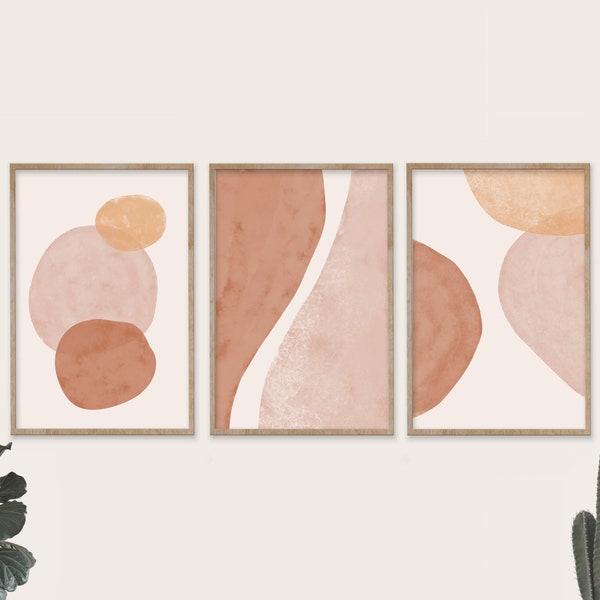 Set of 3 prints Boho blush pink abstract shapes 3 piece wall art, geometric wall art feminist wall art boho gallery wall printable digital