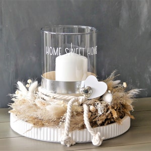 Tischkranz HOME sweet HOME Kranz m. Tablett weiß creme natur Boho Windlicht Tischdeko Kerze komplettes Tablett