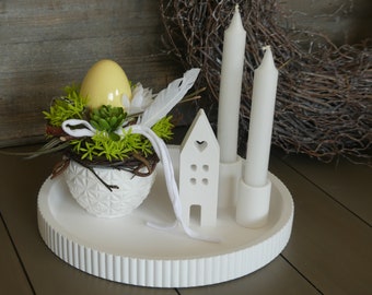 Tablett  *Frühling * HOME  *  Tablett mit Kerze Haus und Vase * weiß  grün " Tischdeko Skandi Gesteck Hyazinthe cremeweiß