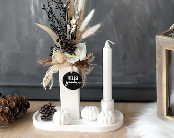 Tablett  * BOHO HERBST  *  Tablett mit Vase, Kürbissen und Kerzenhalter * weiß creme schwarz  *  Tischdeko Skandi Gesteck BOHO