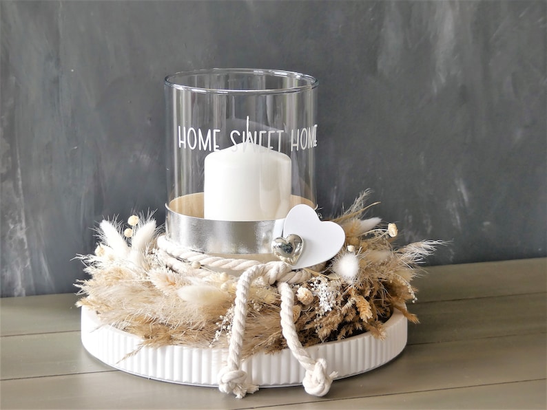 Tischkranz HOME sweet HOME Kranz m. Tablett weiß creme natur Boho Windlicht Tischdeko Kerze komplettes Tablett