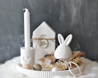 Tablett  * FROHE OSTERN *  Tablett Osternest, Hase Haus und Kerzenhalter * weiß  beige braun " Tischdeko Skandi Gesteck Boho