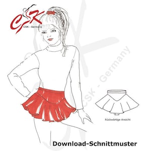 Puede incluir: Un dibujo a línea de una mujer que lleva una falda roja con un dobladillo con volantes. La falda se muestra desde atrás. El dibujo está etiquetado como "Download-Schnittmuster" y "Rückwärtige Ansicht".