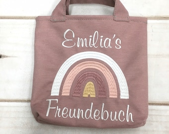 Freundebuchtasche, Freundebuch Tasche, individuell bestickt, Regenbogen, altrosa, Nstyle Fashion