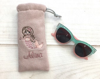 Etui à lunettes filles, étui à lunettes sirène avec nom, vieux rose avec paillettes, sirène, Nstyle Fashion