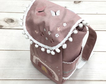 Sac à dos avec fleurs, sac à bandoulière, sac à dos avec arc-en-ciel, vieux rose foncé, blanc brodé, sac à dos maternelle