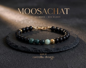 Armband Moosachat & Schwarzer Achat mit Jade Herren / Unisex – Stärke, Schutz und Balance – vergoldete 925 Silberperlen