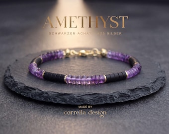 Herren Armband Amethyst & Achat | Unisex Edelsteinarmband mit 925 Silber | Violett Schwarz | Vergoldete Silberelemente