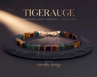 Herrenarmband aus indischem Achat & Tigerauge – 4 mm Würfelperlen mit vergoldetem Hämatit und 925 Silber Karabiner