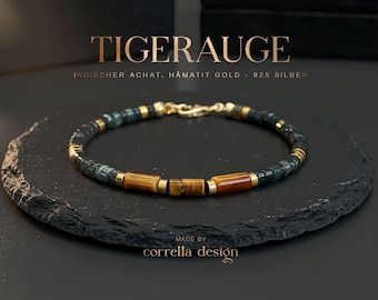 Tigerauge Armband Herren | Indischer Achat & Hämatit | 925 Sterling Silber vergoldet | Edelstein Armband Männer | Geschenk Weihnachten