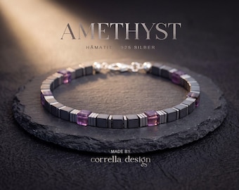Herren Armband Amethyst Hämatit | Männer Armband mit 925 Silber Verschluss | Edelsteinarmband in Schwarz & Violett | Geschenk für ihn