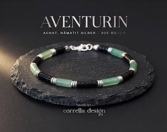 Herrenarmband aus Aventurin & mattem Achat (4 mm) Hämatitscheiben Silberfarbe | Damen / Unisex Edelstein 4mm, grün | 925 Silberverschluss