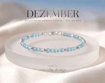 Blautopas Armband Damen | Geburtsstein Dezember | 925 Silber | Facettierte Blautopas Würfel | Edelsteinarmband Geschenk