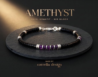 Armband aus Amethyst & Onyx (4 mm) Herren/Unisex | silberne Hämatitscheiben und 925 Silberverschluss | Geburtsstein Februar | Geschenk