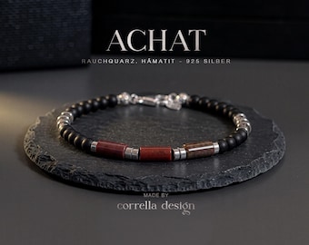Achat Armband Herren | Roter Indischer Achat, Rauchquarz & Schwarzer Achat | Hämatit | 925 Sterling Silber | Edelsteinarmband Geschenk