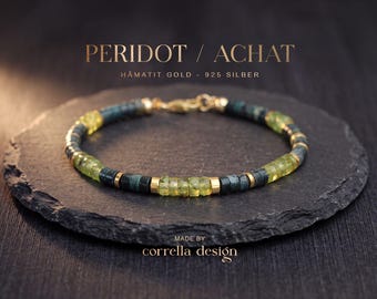 Peridot Armband mit indischem Achat & Hämatit | Edelsteinarmband mit 925 Silber Verschluss vergoldet | Grüner Naturstein | Für sie und ihn
