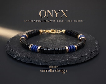 Onyx Armband Herren | Lapislazuli & Hämatit gold | 925 Sterling Silber | Edelsteinarmband Unisex | schwarzes Naturstein Armband | Geschenk