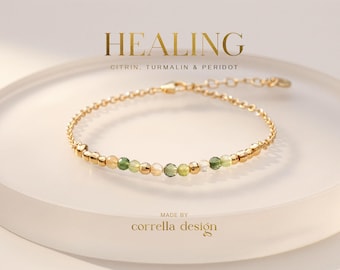 Citrin Armband | Grüner Turmalin & Peridot | Edelsteinarmband | Facettierte Edelsteinperlen | vergoldetes 925 Sterling Silber | Geschenk