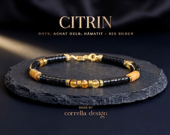 Citrin Armband Herren | Indischer Achat & Onyx | Hämatit gold | vergoldetes 925 Sterling Silber | Naturstein Edelsteinarmband | Geschenk
