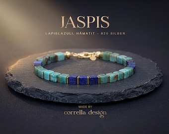 Herrenarmband Lapislazuli & Phoenix Jaspis – Weisheit und Kraft, Edelsteinarmband mit 4 mm Würfeln, 925 Silber vergoldet