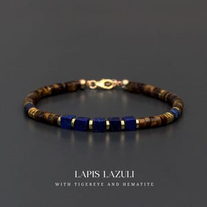 Bransoletka męska z koralików, tygrysie oko, kostki/krążki lapis lazuli ze złotym hematytem (4 mm) – ręcznie robiona – prezent dla niego – srebro 925