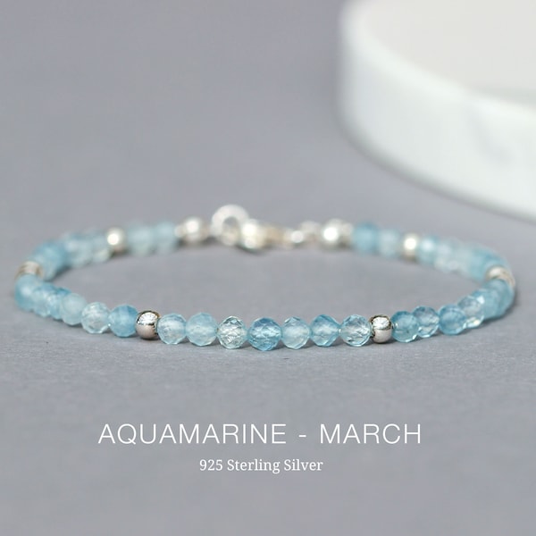 Aquamarin-Armband (AAA Qualität), Geburtsstein Fische 925 Sterling Silber