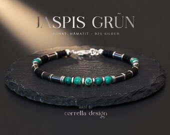 Herrenarmband aus grünem Jaspis und mattem Achat – mit Hämatit-Elementen und 925 Silberverschluss - Unisexarmband - Geschenk für Sie und Ihn