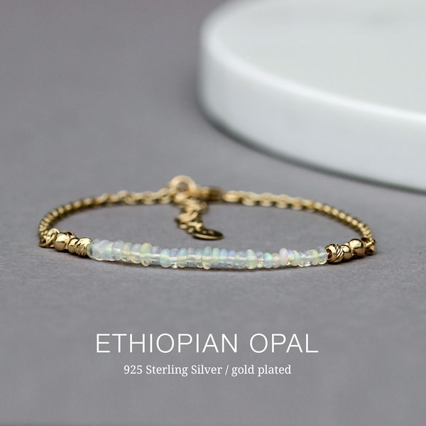 Opal Armband 925er Silber vergoldet, Oktober Geburtsstein, Äthiopischer Opal Ankerkette