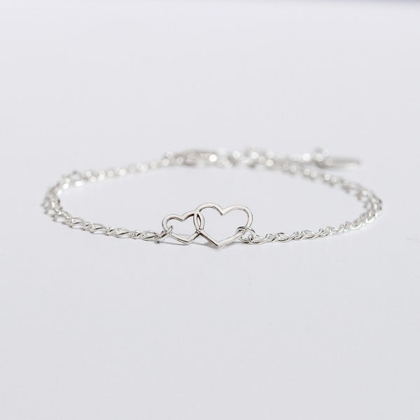 2 Herzen Armband 925 Silber, Figarokette, zierliches Silberarmband, Liebe herz, Valentinsgeschenk