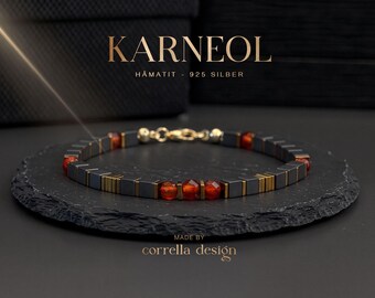 Herren Edelsteinarmband | Hämatit & Karneol | 4 mm Würfelperlen | vergoldeter 925 Sterling Silber Verschluss | Geschenk für Ihn Weihnachten