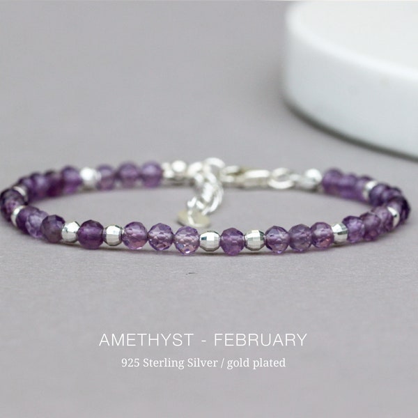 Amethyst Armband echter Edelstein, personalisiertes Armband Februar, Geburtssteine 925 Sterling Silber