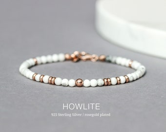 Bracelet Howlite, bracelet perlé minimaliste pour femmes en argent sterling et or rose