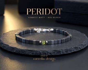 Herren Edelsteinarmband matter Hämatit & Peridot –  – 4 mm Würfel Perlen – 925 Silber Verschluss - Geschenk für Ihn