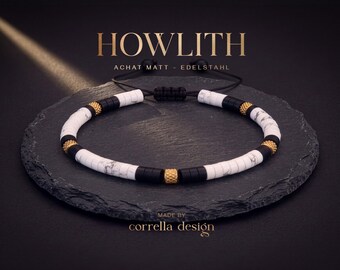 Howlith & Schwarzer Achat Armband 4mm | Ruhe und Erdung | Edelstahlperlen gold | Verstellbares Makramee-Armband | Geschenk Damen und Herren