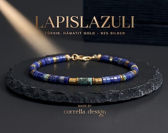 Armband Lapislazuli, Türkis, goldfarbener Hämatit (4 mm) Herren/Unisex | Schutz & Klarheit | 925 Silber Verschluss vergoldet